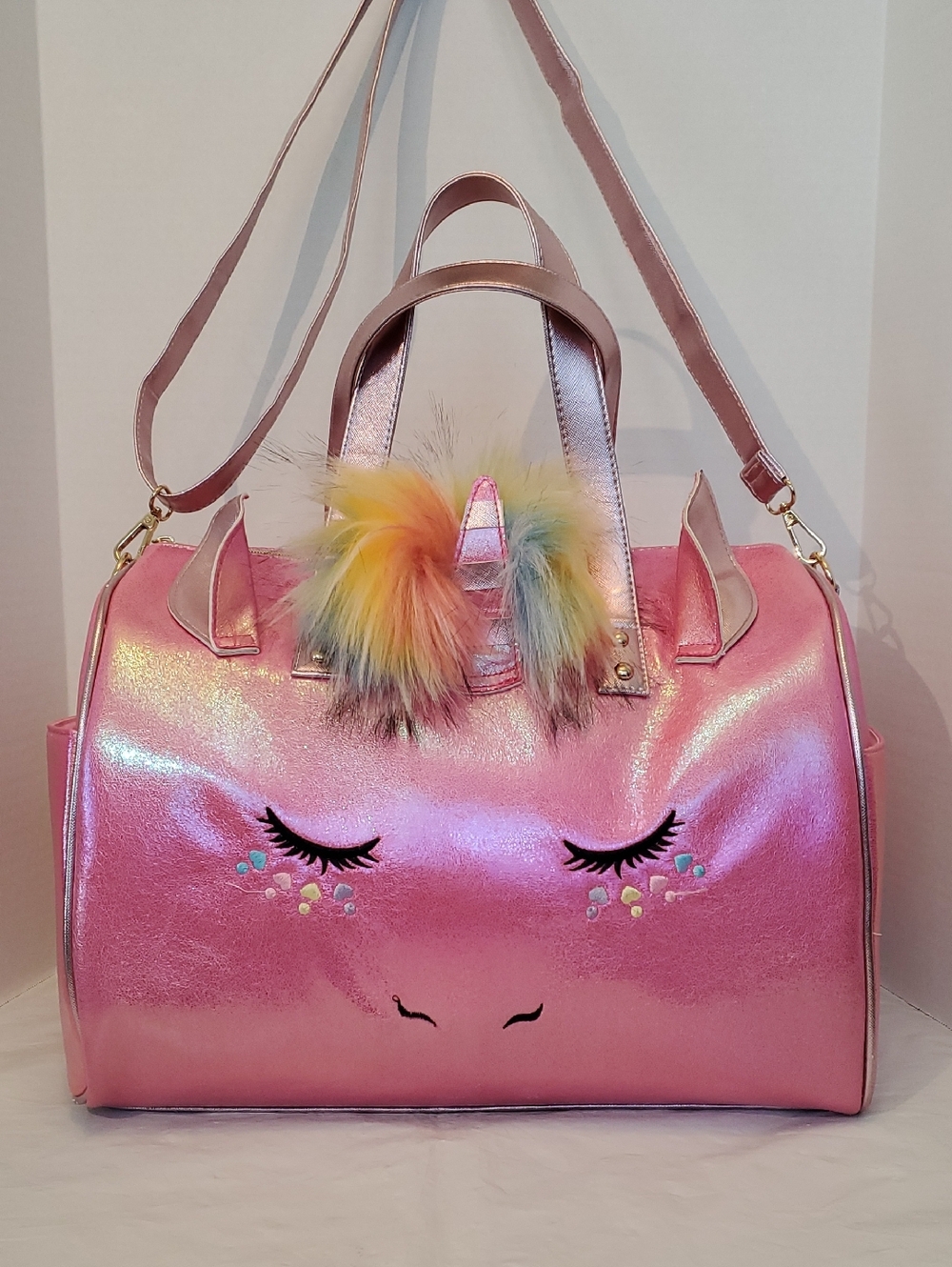 Under One Sky Pink Unicorn Duffel Bag with Rainbow Fur Accent
